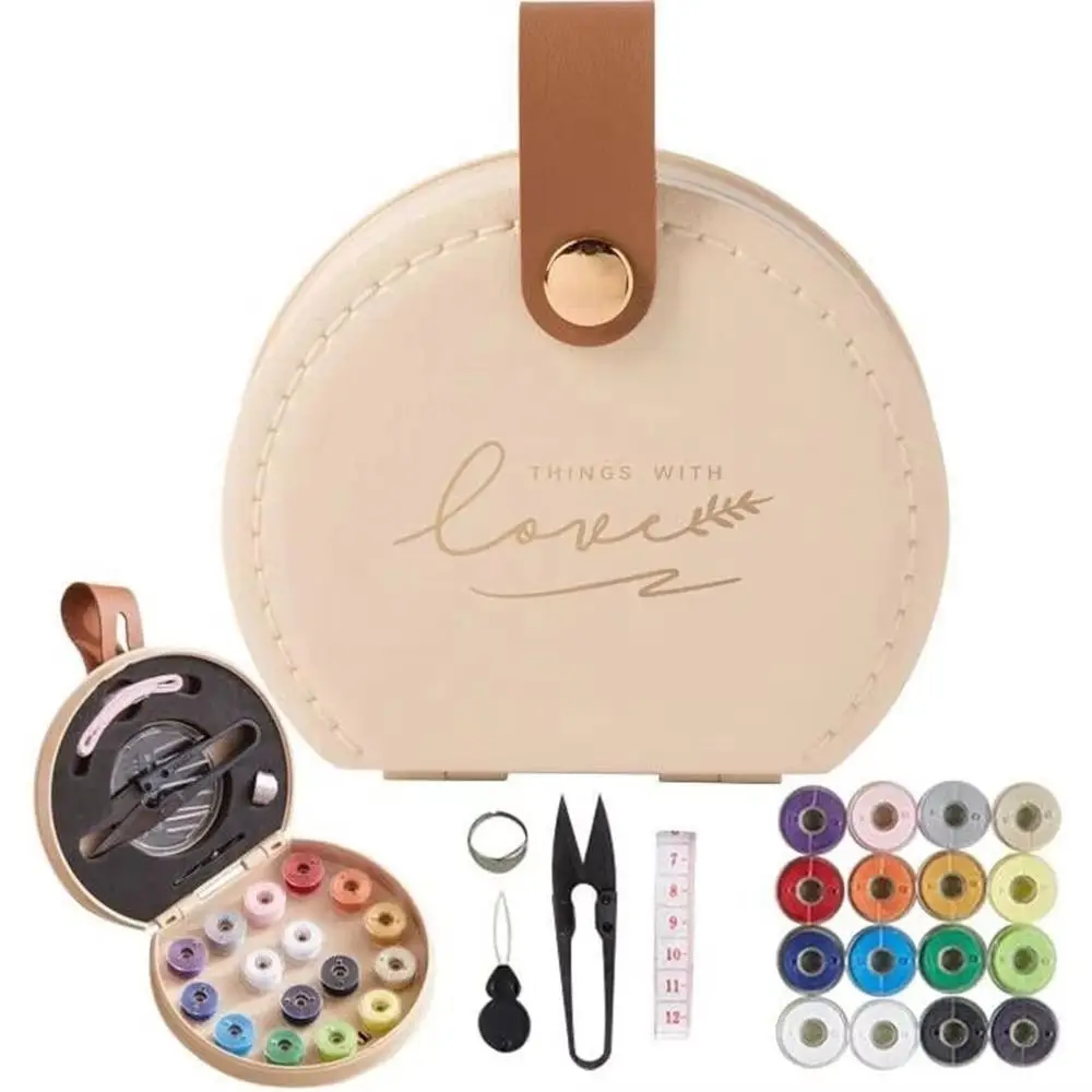 

Portable Mini Sewing Set PU Leather Case Space Saving Needle Threads Box with Handle DIY Travel Sewing Kit Household
