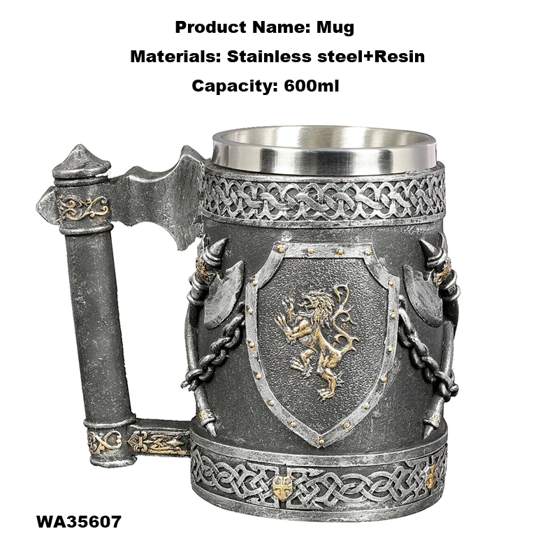 New Vintage Style Outdoor Camping 22oz Medieval Pirate Resin Double Axe Stainless Steel Faucet Royal Mug Lion Coffee Mug
