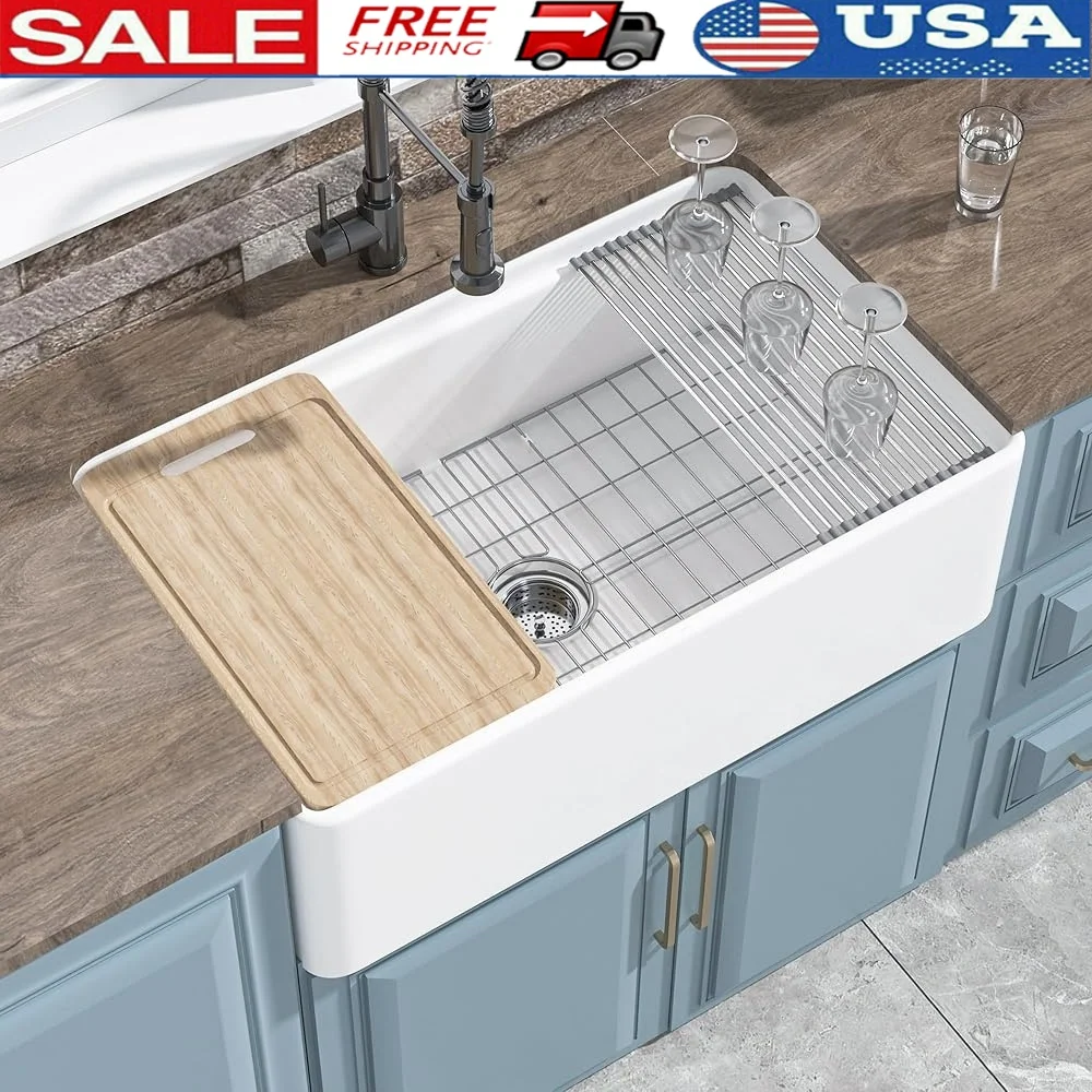 

Large White Farmhouse Workstation Sink Fireclay Single Bowl Undermount Sink with Accessories Bottom Grid Strainer Bamboo Cutting