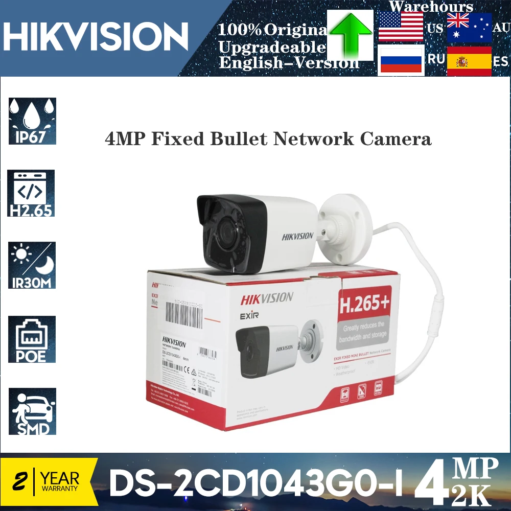 

Original Hikvision 4MP DS-2CD1043G0-I Mini Bullet Camera Outdoor Motion Detection Security CCTV Night Vision 30m Smart H.265+PoE