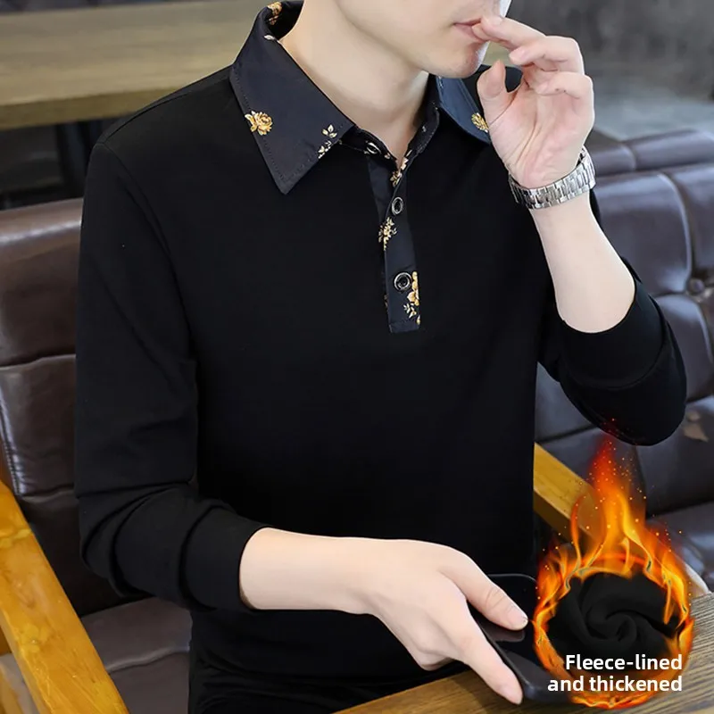 

Winter Thiened Fce Lined Long Sve irt Fake Two-Piece Sle Men's Faion Busin Casual Turn-down Collar T-irt