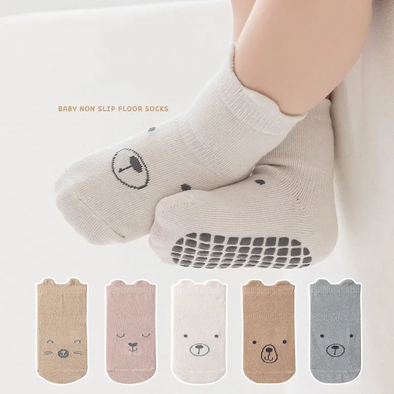 Bärenmuster Baby Mädchen Baumwollsocken 5 Paar/Set Rutschfeste Bodensocken Einfarbige Bodensocken Herbst Anti-Rutsch Kinder Kniestrümpfe