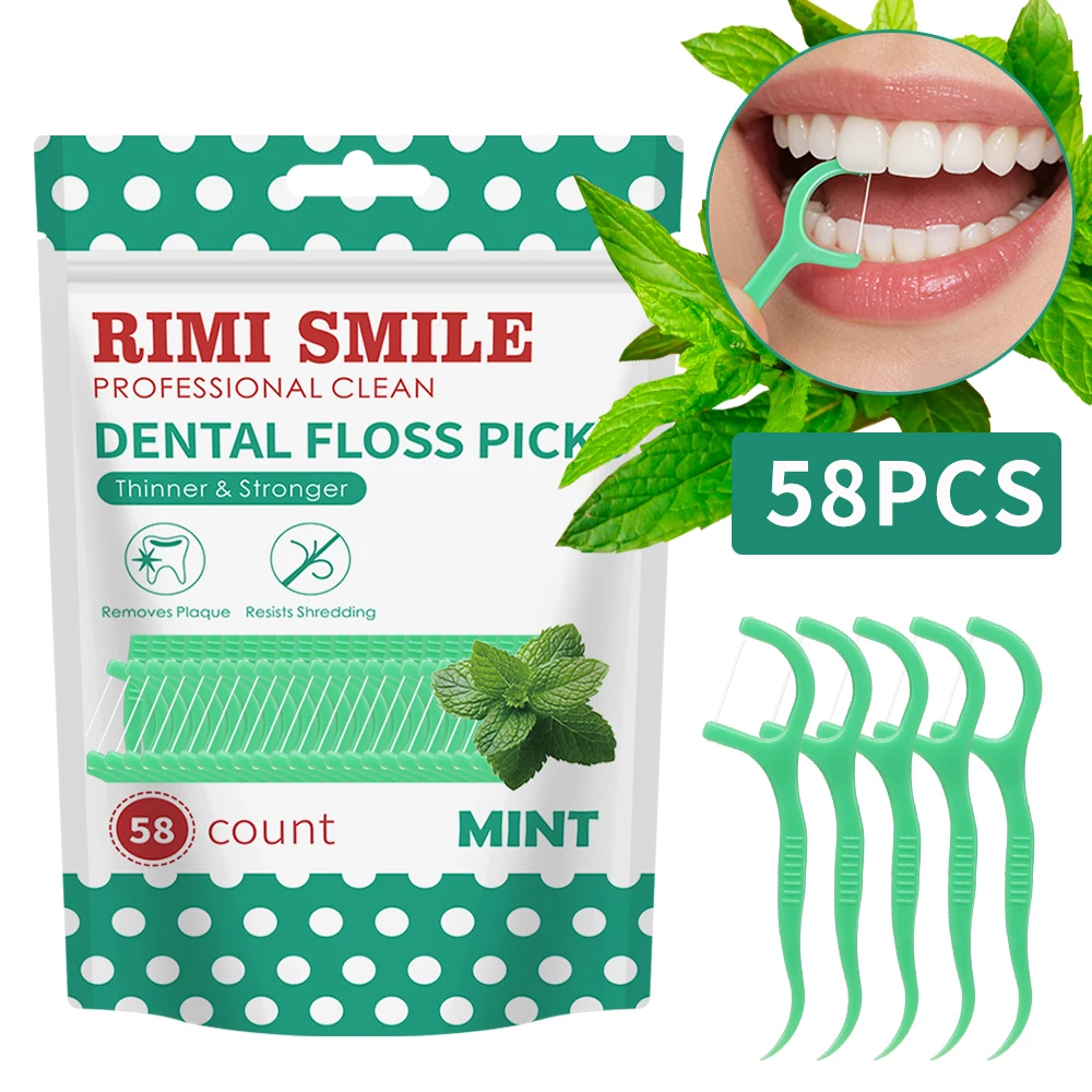 58PCS Mint Dental Floss Picks with Compact Carry Case, Disposable Floss Sticks for On-the-Go, Fresh Breath After Meals