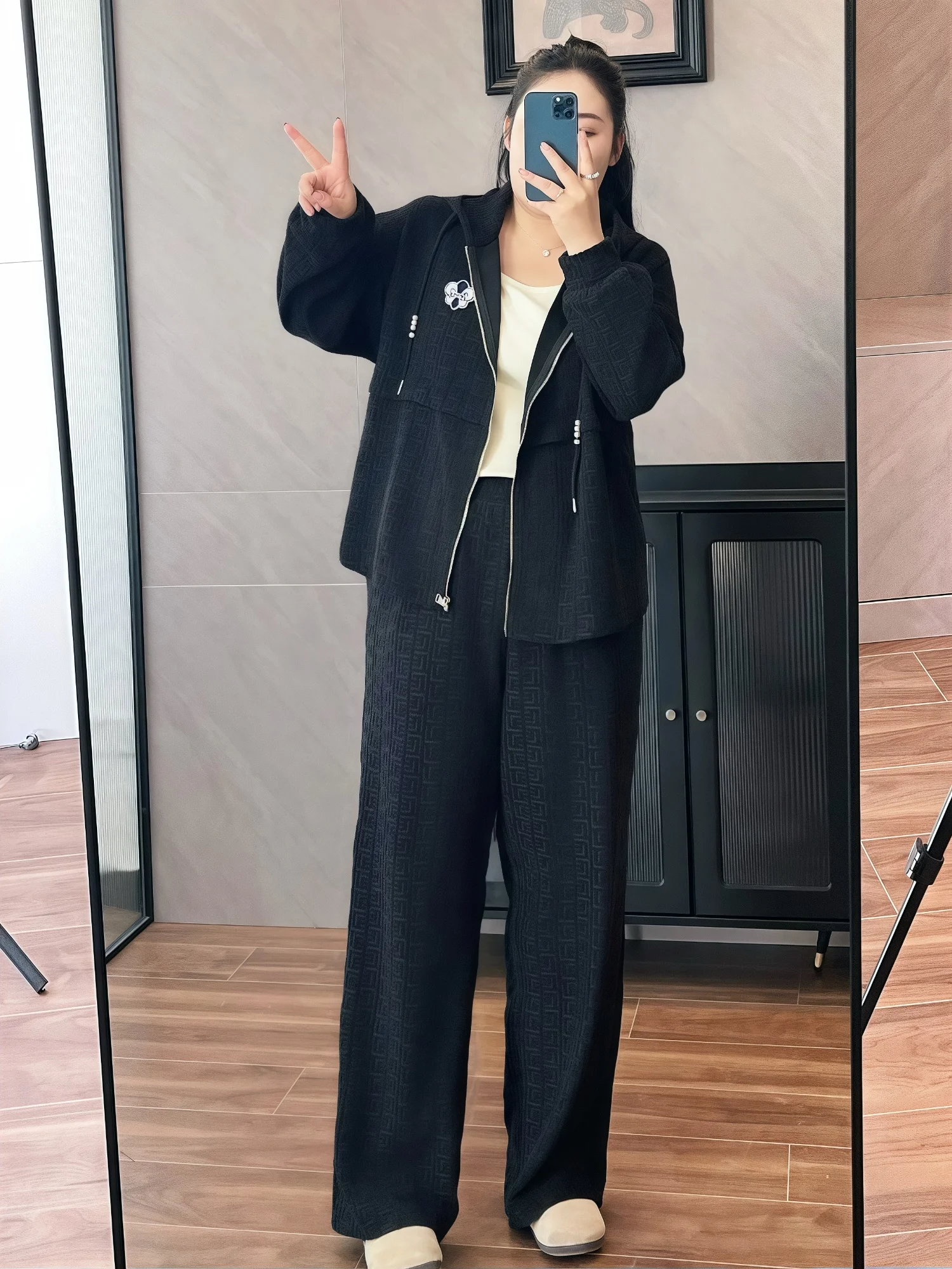 

Свободный комплект из двух предметов: брюки с широкими штанинами и топ с длинным рукавом на молнии, из полиэстера, для женщин, весна, повседневный, комфортный