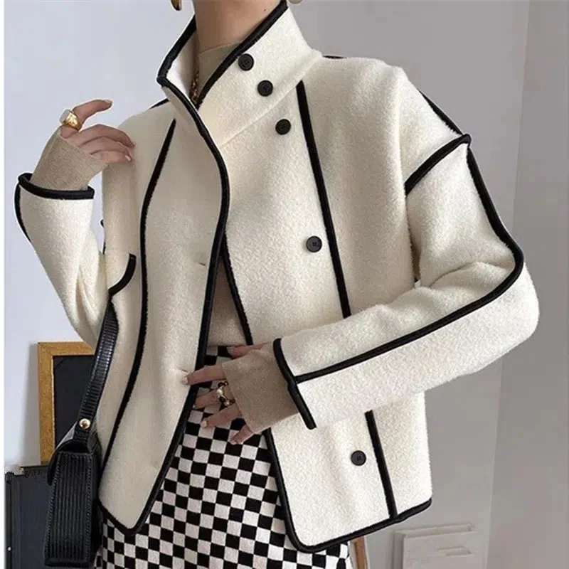 Cappotto di lana a doppia faccia da donna, Cardigan corto allentato, capispalla femminile, giacca Casual con colletto rialzato, Top, autunno, inverno, Ne