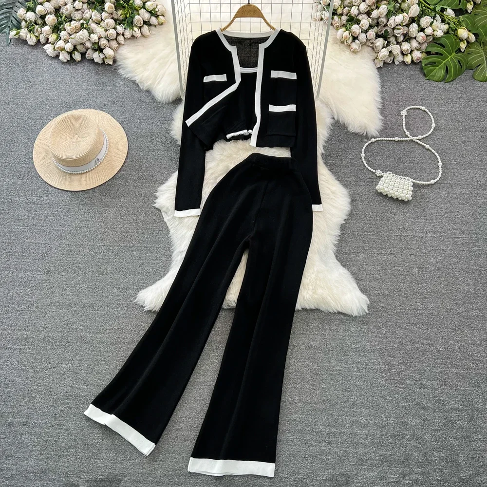 New Fashion Contrast Color 3 Piece Sets Women Outfit Knitted Long Sleeve Cardigan + Camisole + Wide Leg Pants Sets Autumn Suits