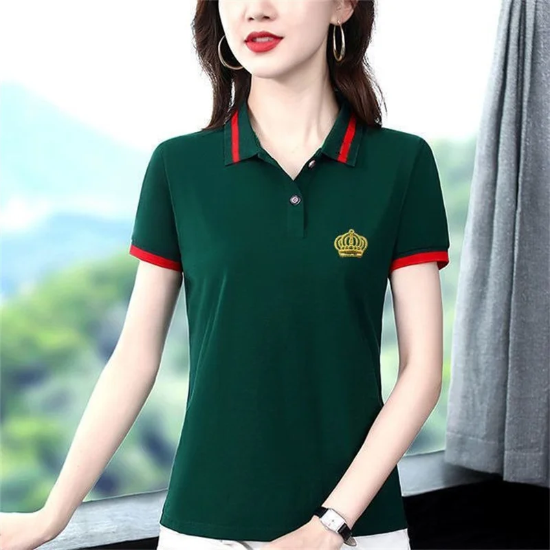 Green Red Womens Short Sleeve T-shirt Female\'s office Work Wear Korean Style Chic Trendy Casual Tops Polo Shirts