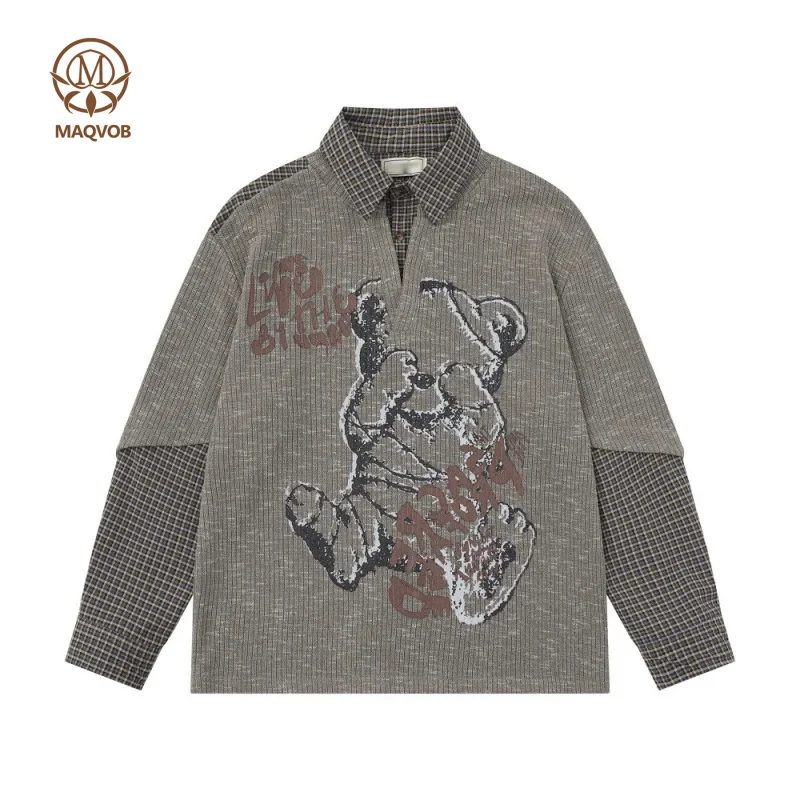 MAQVOB High Quality EU US Size Luxury Streetwear Y2K Plaid Patchwork Faux Two-Piece Collared Sweatshirt