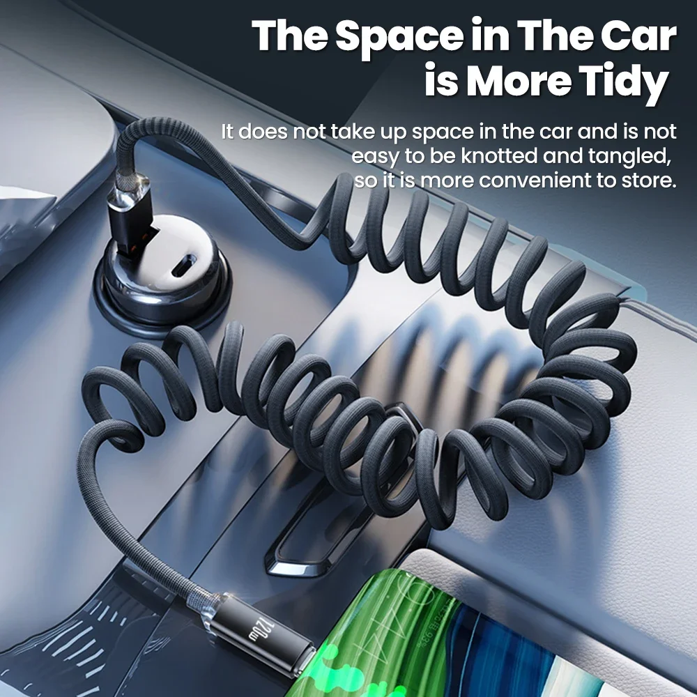 120W Car Spring Cable Retractable USB C To Type C Fast Charging Cable For Samsung S25 For iPhone15 16 17 USB C Cable For Huawei