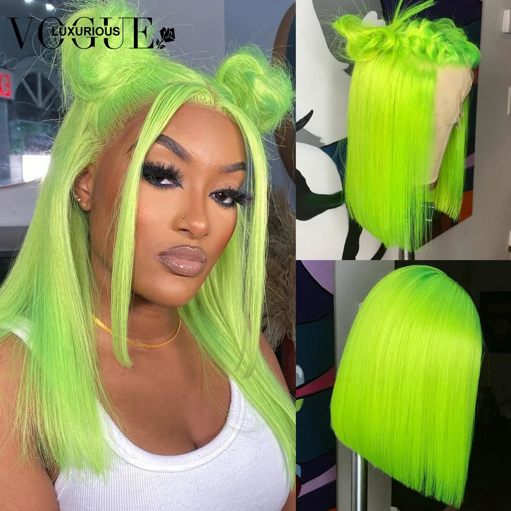 Wig potongan Pixie Bob pendek berwarna hijau lurus 13x4 Wig Frontal renda transparan rambut manusia Virgin Brasil asli untuk wanita