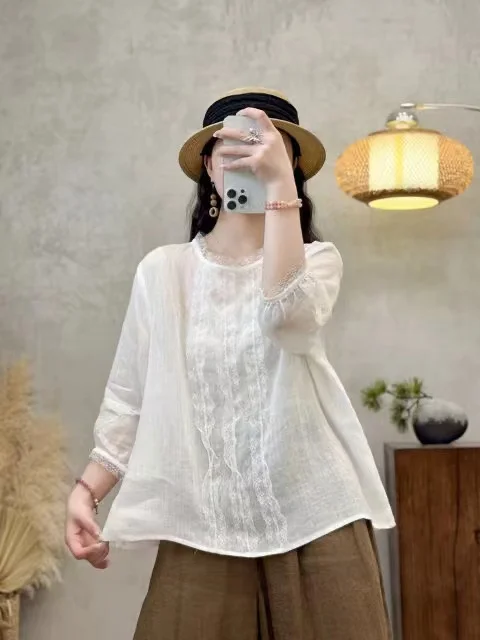 

2025 New Artistic Women's Linen irt Lace Trim Wooden Ear Thin Linen Sweet Blouse Commute Sle Loose Fit Regular Sve Length