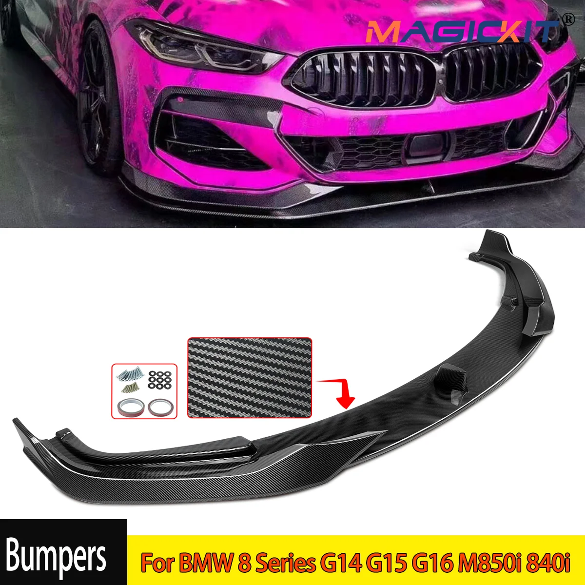 

For BMW 8 Series G14 G15 G16 M850i 840i Carbon Look ABS Front Bumper Lip Spoiler Splitter M Sport 2018-2023