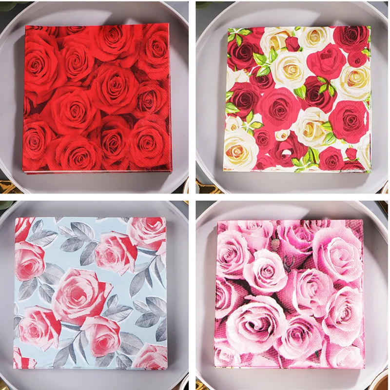 

20Pcs/pack Lover Heart Rose Printed Paper Disposable Wedding Handkerchief Tableware Napkin Tissues Party Decoration