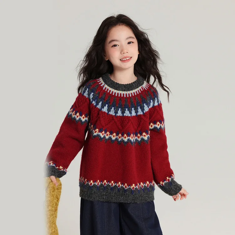 خمر معرض جزيرة عيد الميلاد سترة الفتيات الأحمر الكروشيه متماسكة البلوز الثقيلة التطريز شتاء دافئ أعلى في سن المراهقة مدرسة الاطفال الملابس #6