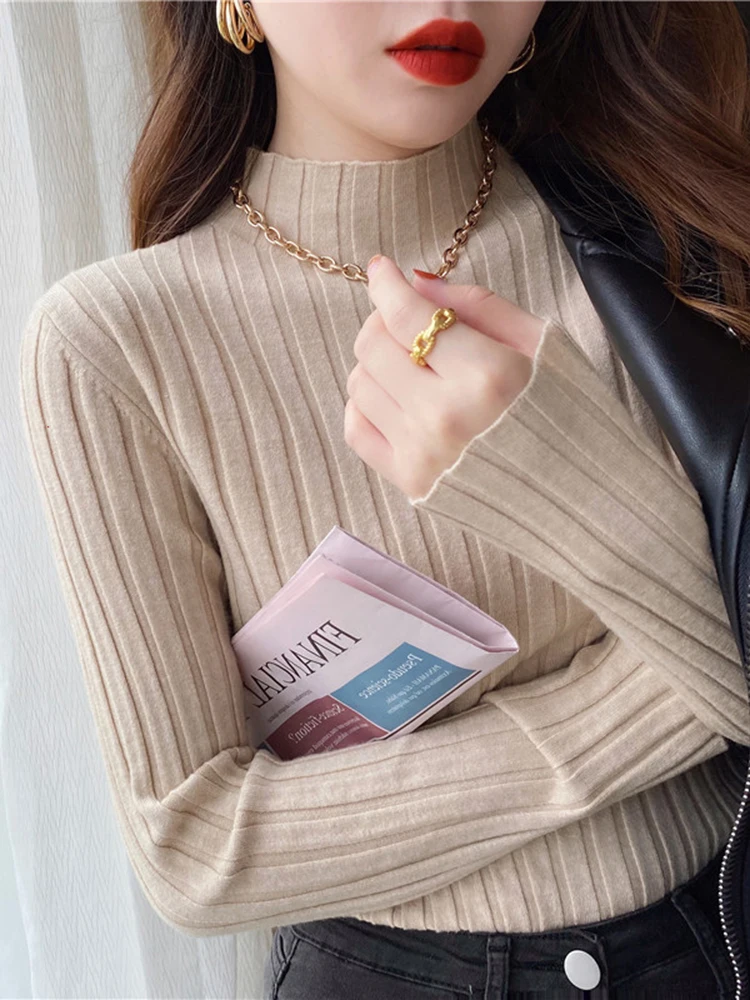 Suéter de cuello alto acanalado de punto para mujer, jersey básico ajustado de manga larga, Tops sólidos, otoño e invierno, 2024