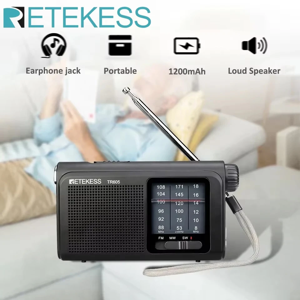 Retekess TR605 Portable Radio FM MW SW Emergency Radio Flashlight Rechargeable Battery Loud Speaker Earphone Jack For Elderly