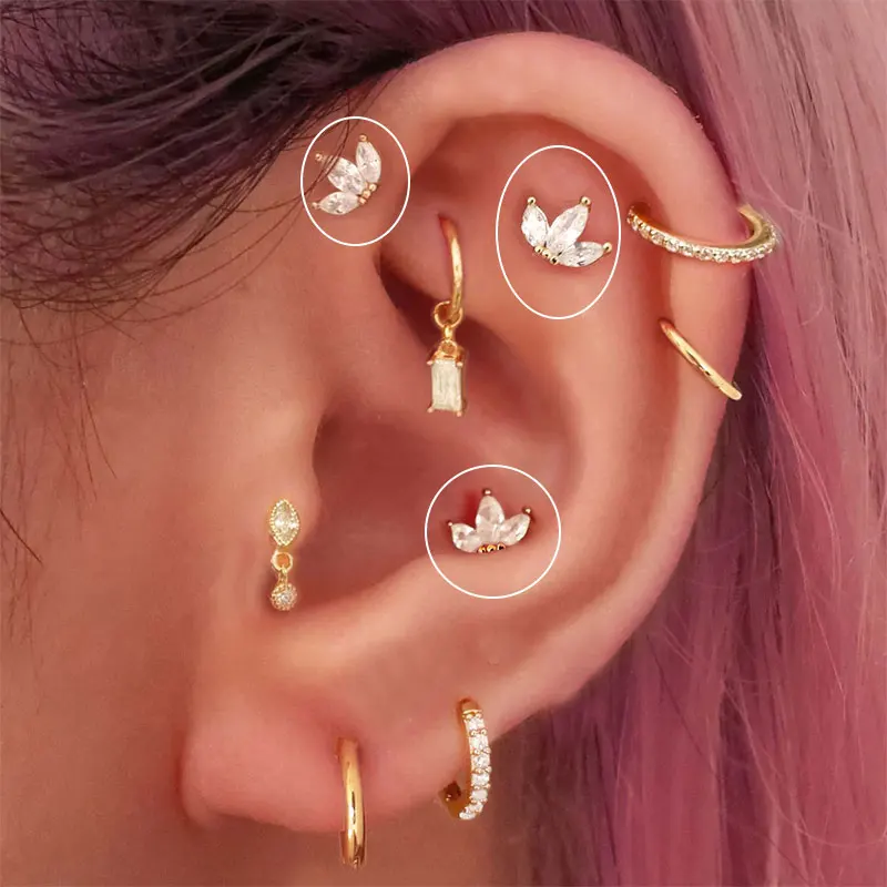 Zircon Ear Piercing For Women Stainless Steel Moon Flower Cartilage Stud Earrings Helix Tragus Rook Flat Piercing Jewelry 1PC