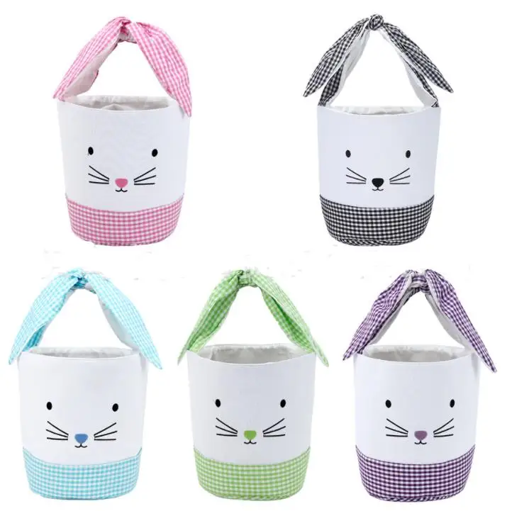 50pcs Easter Basket Personalized Egg Tote Bags With Grid Bowknot Canvas Cotton Easter Bunny Bucket Easter Decoration SN2138