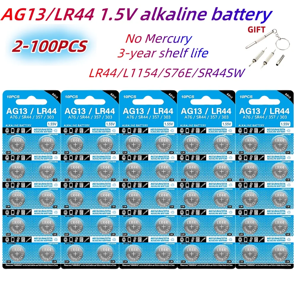 NEW 2-100PCS LR44 AG13 Button Cell Battery 1.5V 357 SR44 LR1154 Button Coin RW82 SR1154 SP76 Batteries for Watch Toys Remote
