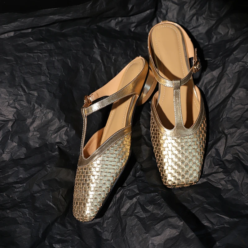 

Genuine Leather Woven Toe-Covering Women Sandals Low Heel Elegant High Heels Braided T-Strap Silver Slippers