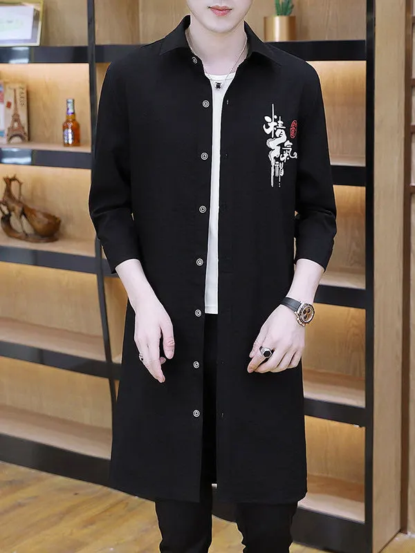 Spring Autumn Men's Loose Fit Long Coat Knee Length Fashionable Thin Style Korean Version Button Decorated Cotton Polyester B...