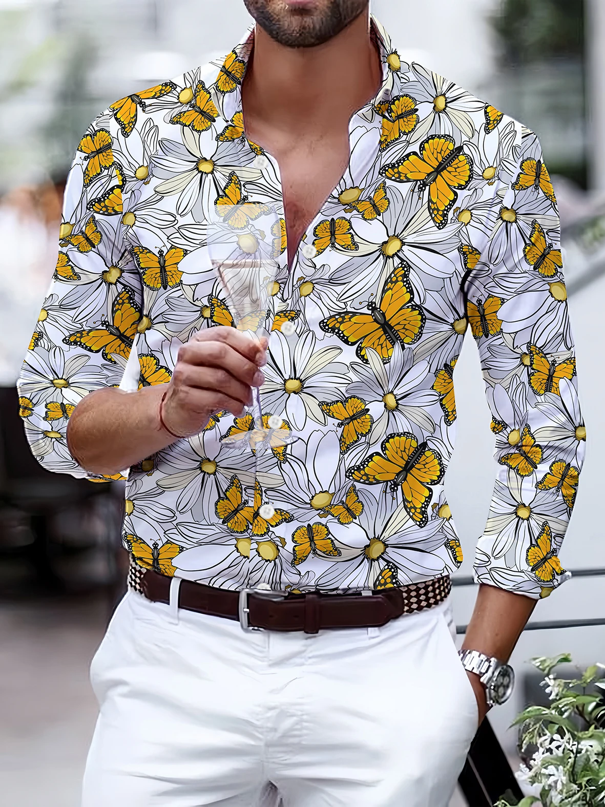 Fashion Chain Border Butterfly Floral Digital Print Men's Long Sleeved Lapel Shirt Casual Party Street Hawaiian Vacation Shirt