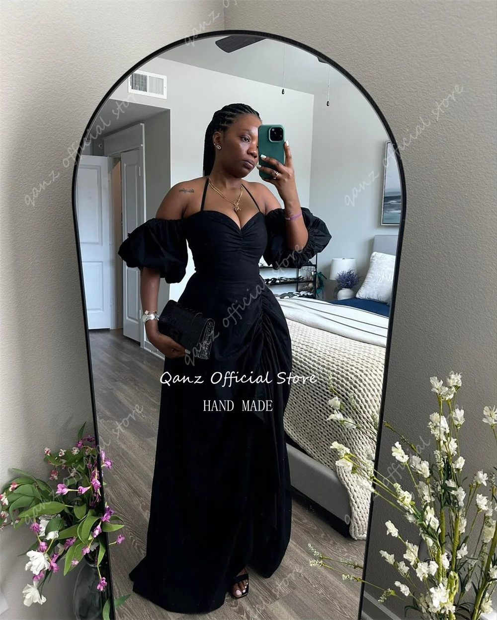 Qanz Black Vintage Evening Dresses Sweethert Short Puff Sleeves Formal Occasion Dresses Satin Vestidos De Festa Customized