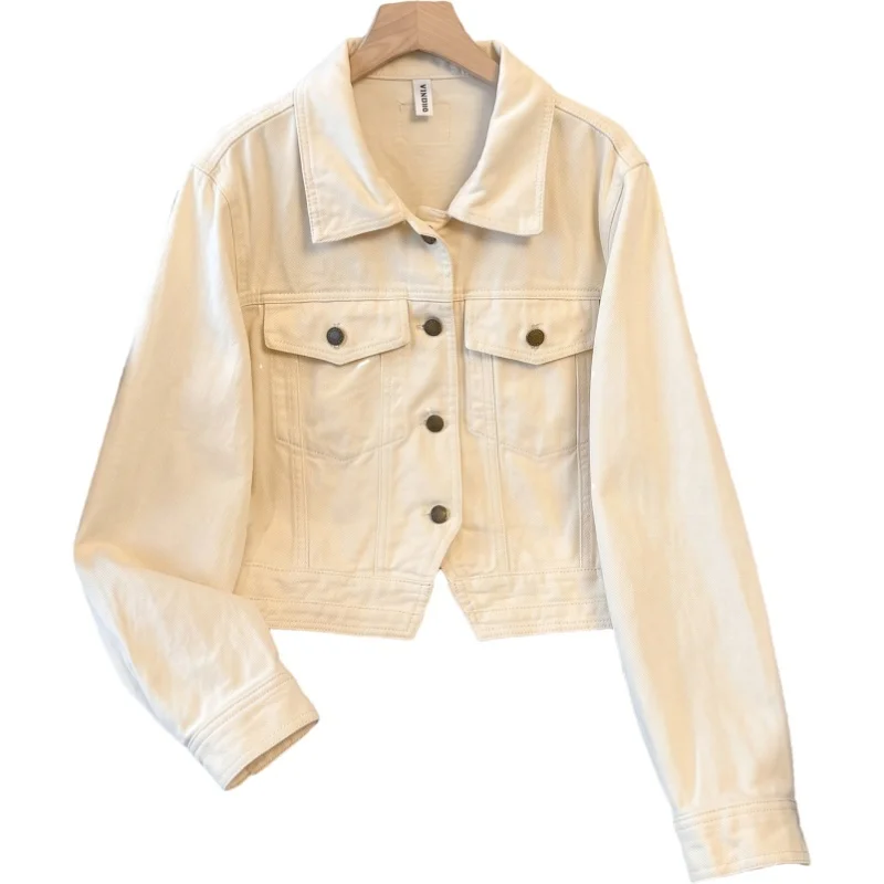 Autumn Women Korean Apricot Short Denim Jacket Turndown Collar Irregular Single-Breasted Long Sleeve Cowboy Outerwear Female New