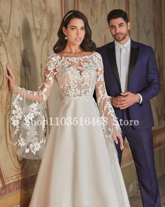 Elegantes Rundhals-Brautkleid für Frauen Luxus applikation Fee Langarm A-Linie formelle Satin Hochzeit Brautkleider