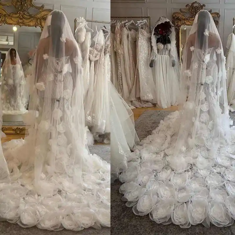 

Handmade Flowers Wedding Veil One Layer Long Cathedral Length Veils Appliques Edge With Comb For Bride Voile Customized