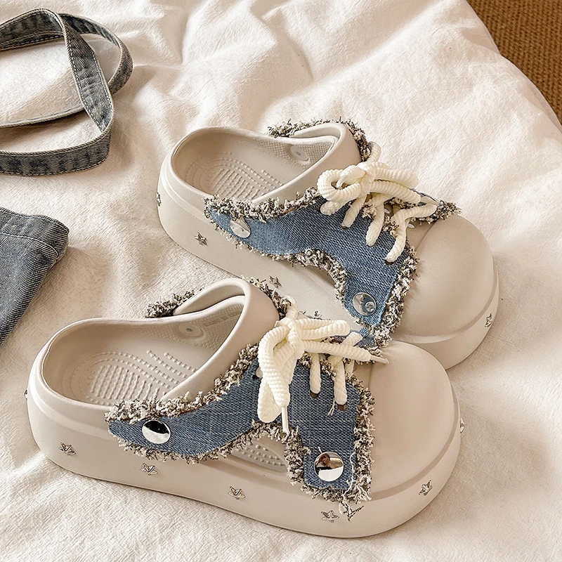 

Lace-up Baotou Slippers Xia New Round Toe Deep Mouth Hollow Platform Non-slip Flats