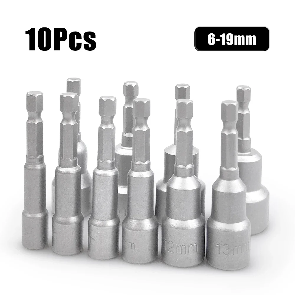 10Pcs 6-19mm Magnetic Power Nut Driver Set for Impact Drill Quick Change Chuck Socket Wrench Nut Setters 1/4