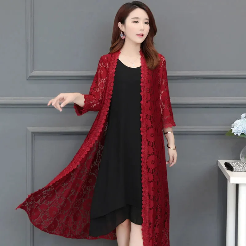 Women Lace Hollow Shawl Coat Mid-length Women Summer Long-Sleeved Cloak Coat Female Thin Air-Conditioning Shirt Sunscreen Clothe