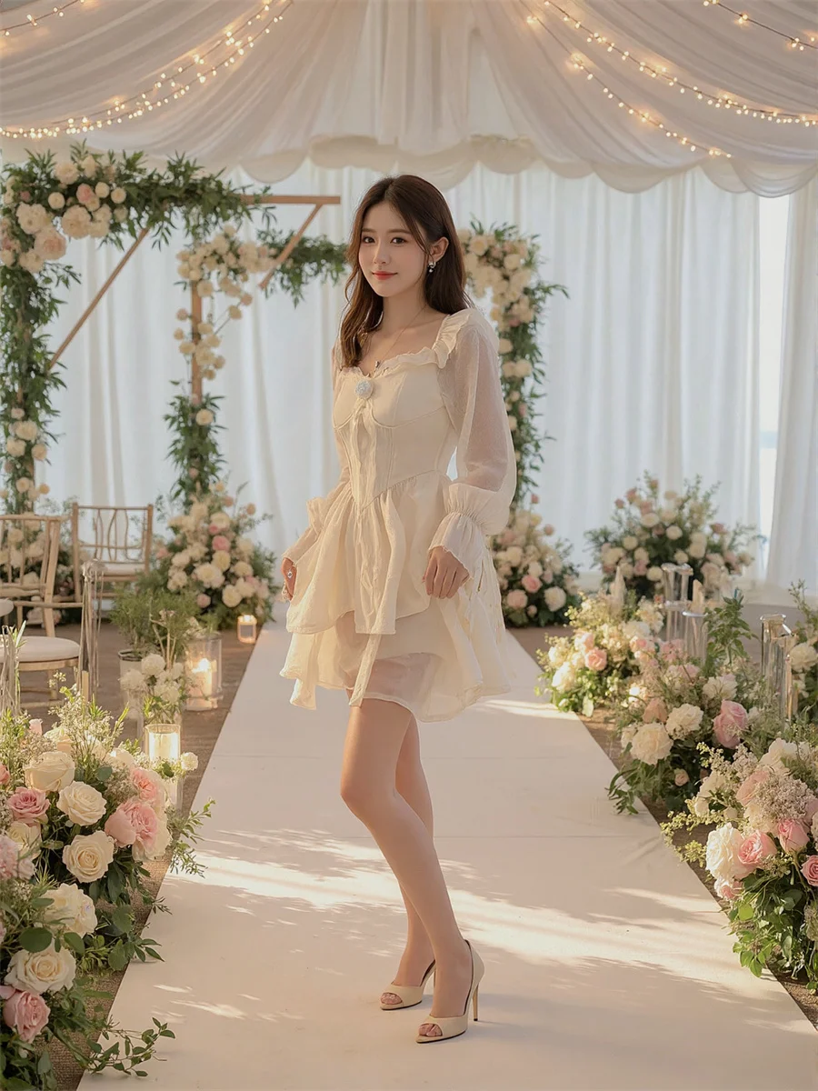 여성용 흰색 드레스 A라인 리본 단색 봄 플레어 소매 브이넥 루즈핏 오버사이즈 반오픈 터틀넥 프린트 실키