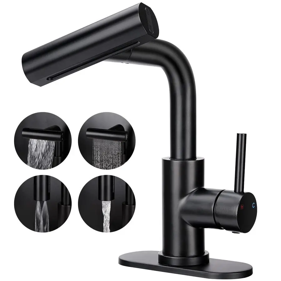 

Sink Faucet with 4 Mode Pull Down Sprayer, Matte Black Single Handle Pull Out Faucet with PopUp Drain, 1 or 3 Hole Laundry Bar B