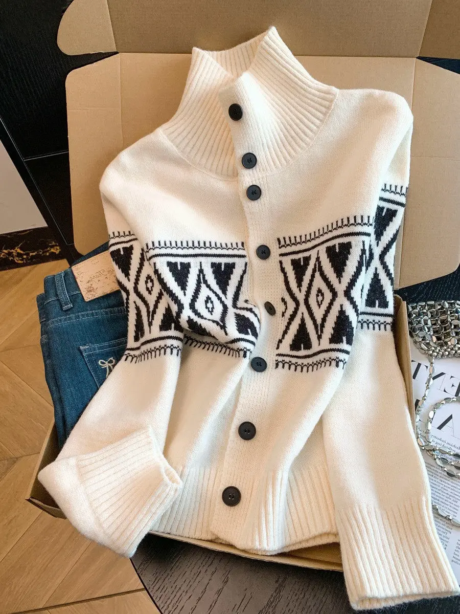 

Осенне-зимний вязаный свитер женский, модный ретро-кардиган с высоким воротником, теплый, из полиэфирного волокна, длинный пальто-свитер