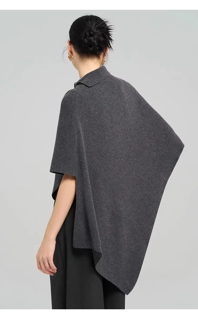 Design sense grey cloak female high collar loose irregular knitted scarf shawl coat
