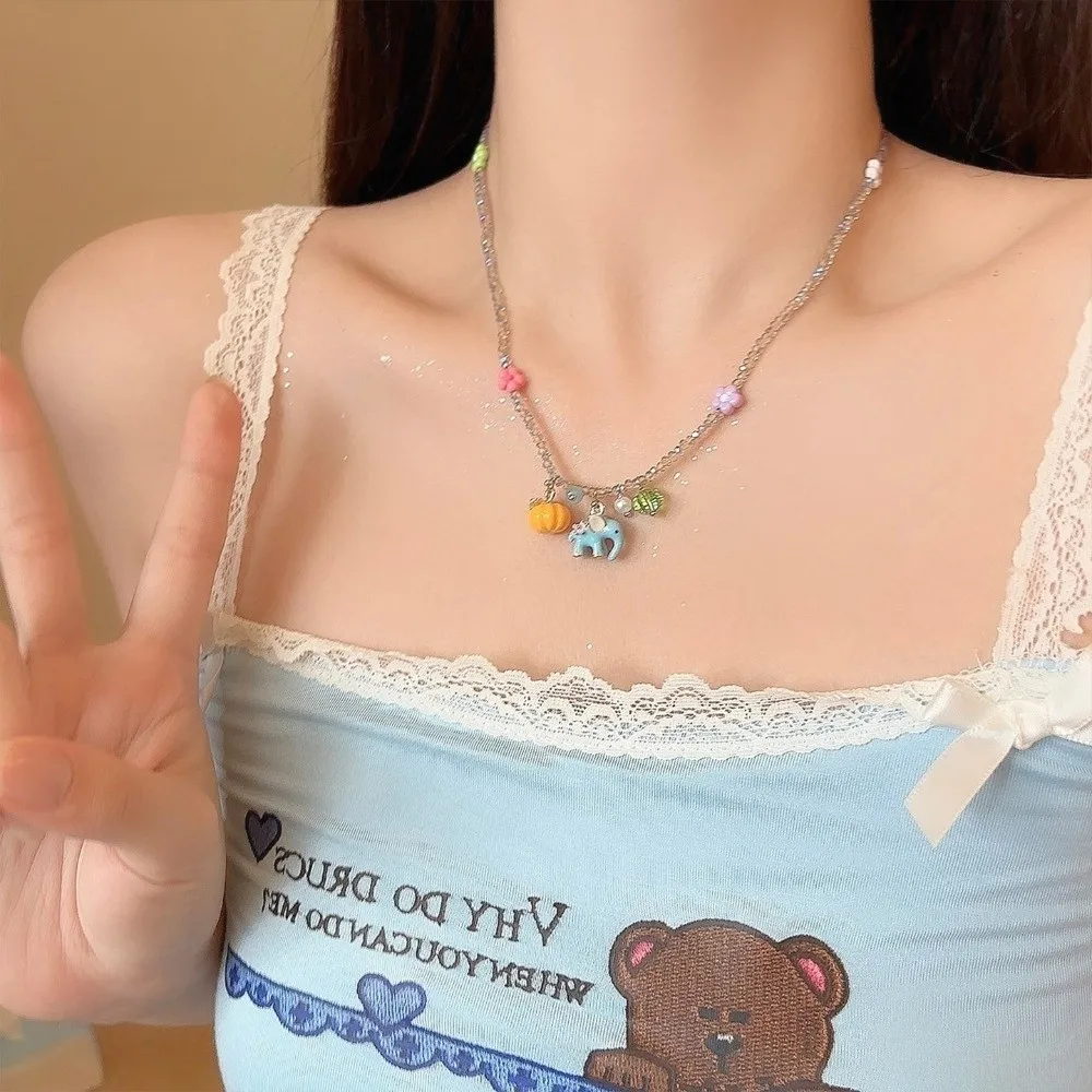 

Chain Choker Elephant Pumpkin Stud Earrings Halloween Bohemian Elephant Pumpkin Necklace Korean Chic Pendant