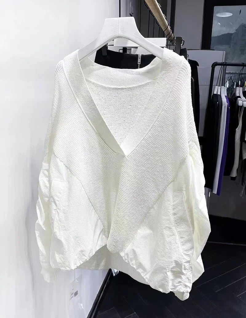 

High Quality V-Neck Splicing Pullover Women Chinese Style Autumn New Long Cashmere Batwing Sleeve Female Sweater