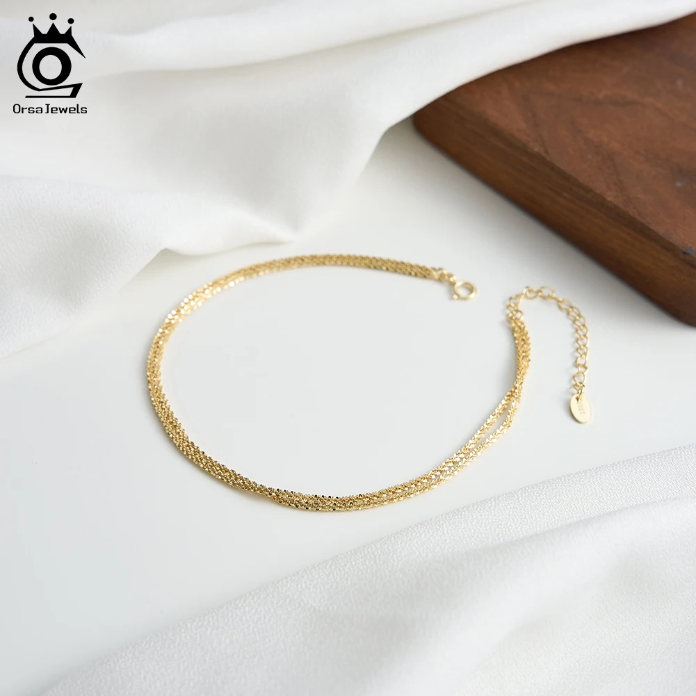 ORSA JEWELS Elegant Double Layerd 925 Sterling Silver Anklet for Women Summer Foot Chain Fashion Ankle Straps Jewelry SA96