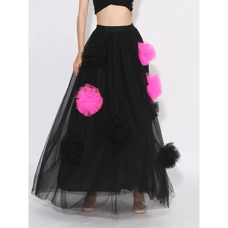 

Krisnanas 2024 Fashion A-Line Loose Contrast Color See-Through Split-Joint Three-Dimensional Flower Tulle Skirts Bottoms