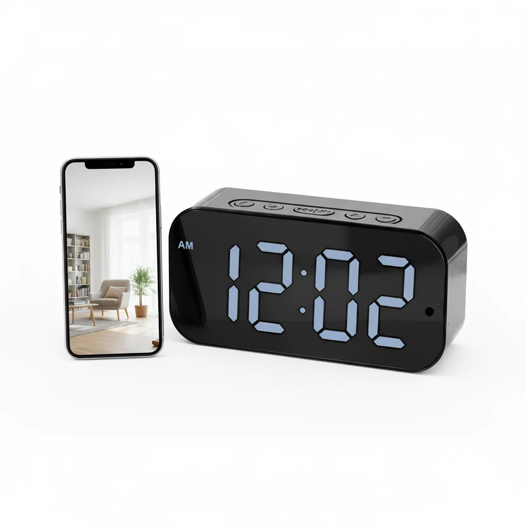 1080P HD WLAN-Überwachungskamera mit Wecker, Drahtloser Innenraummonitor mit Bewegungserkennung, Fernansicht, Micro-SD-Karten-Loop-Aufnahme, Multifunktionaler Tischuhr-Alarm für Zuhause, Schlafzimmer,