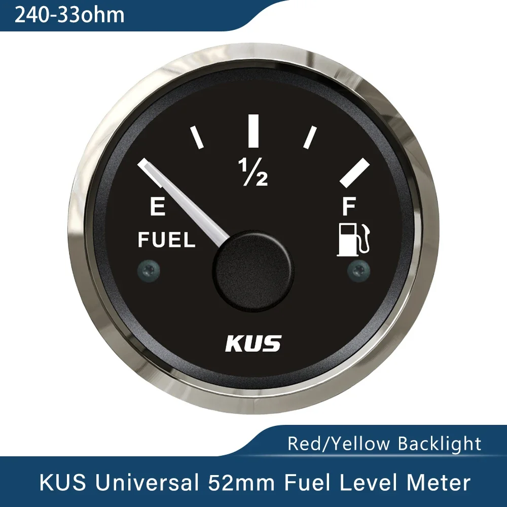 KUS Newest 52mm Marine Fuel Oil Level Gauge Meter 0-190 ohm 240-33ohm with Red  Yellow Backlight 12V/24V for Car Boat