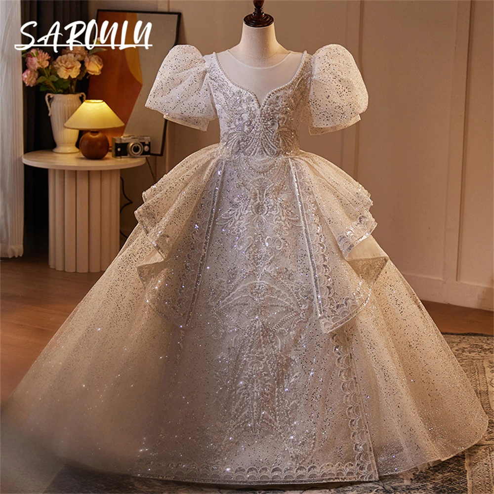 Glitter Ball Gown For Children, Princess Puff Sleeve Flower Girl Dresses, Beaded Appliques Birthday Party Gown Wedding Guest