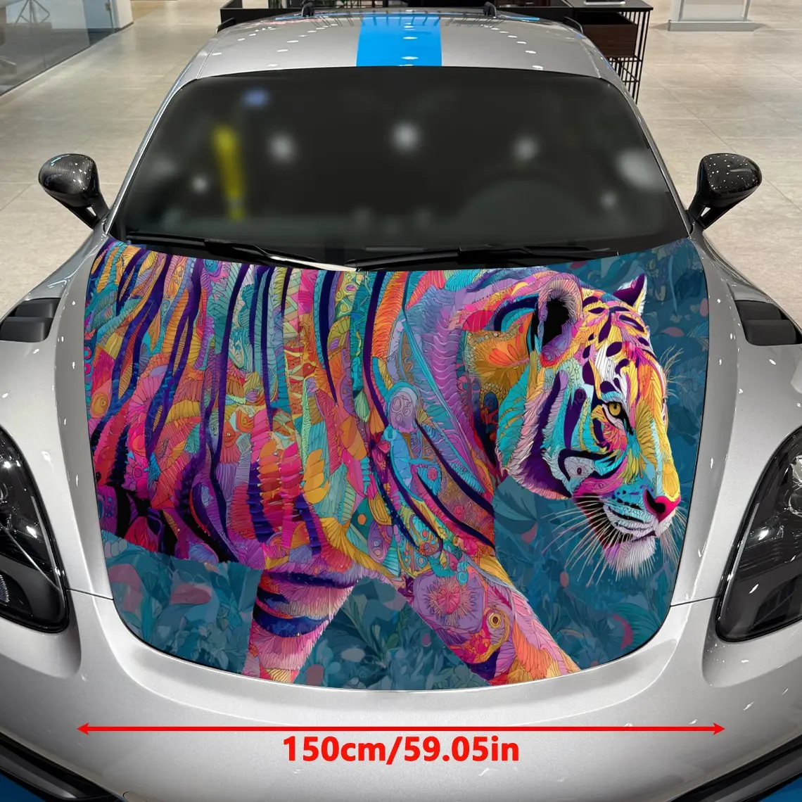 Car Decal Tiger with Multicolor Vibrant Artistic Background & Ferocious-Dynamic Aesthetic Car Hood Sticker, Waterproof Self - Ad