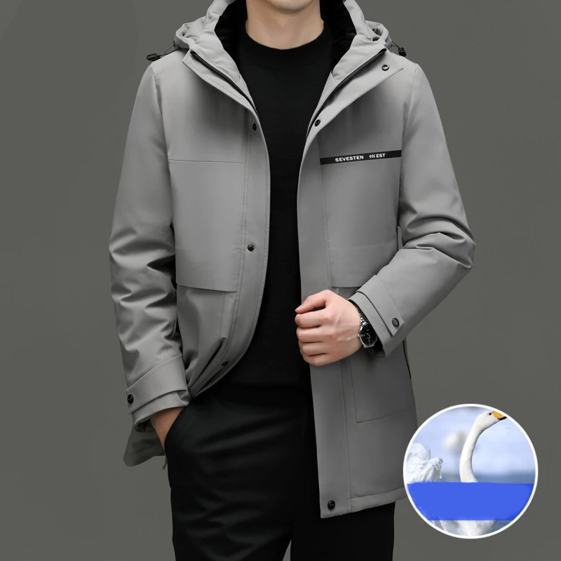 2023 Winter Men's New Mid Length Down Jacket Thickened Fashion Versatile Hooded Coat