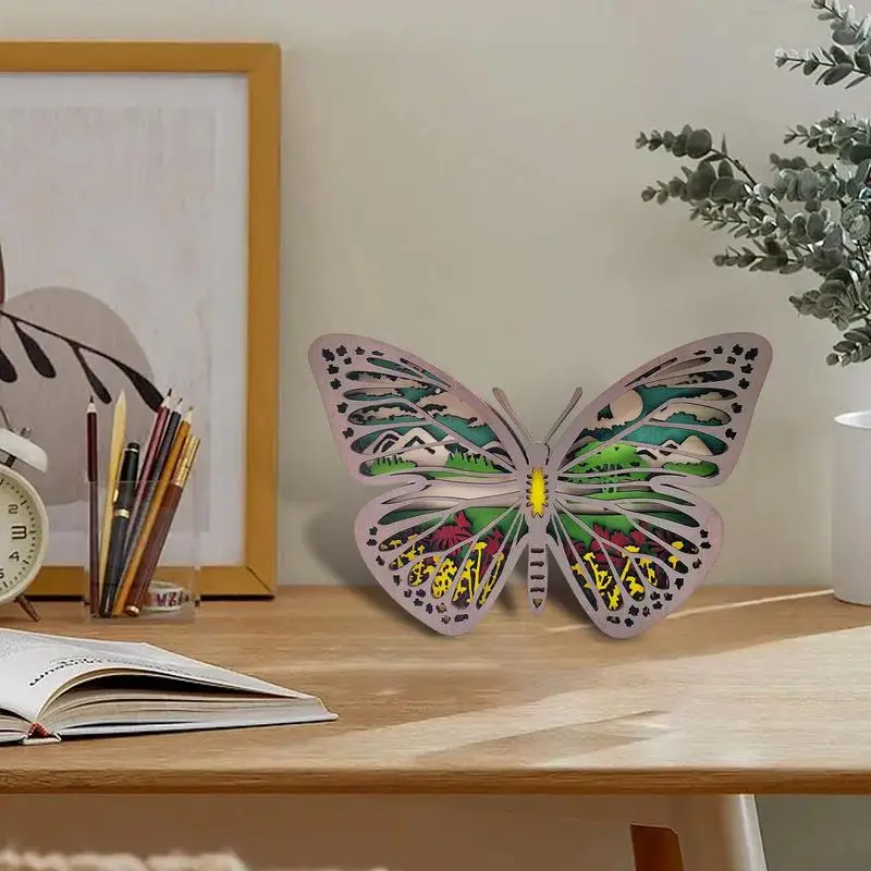 Butterfly Wood Carving Three-Dimensional Animals Carving With Light Multi-Layer Hollow Out Cabin Decor Wall Art For Indoor