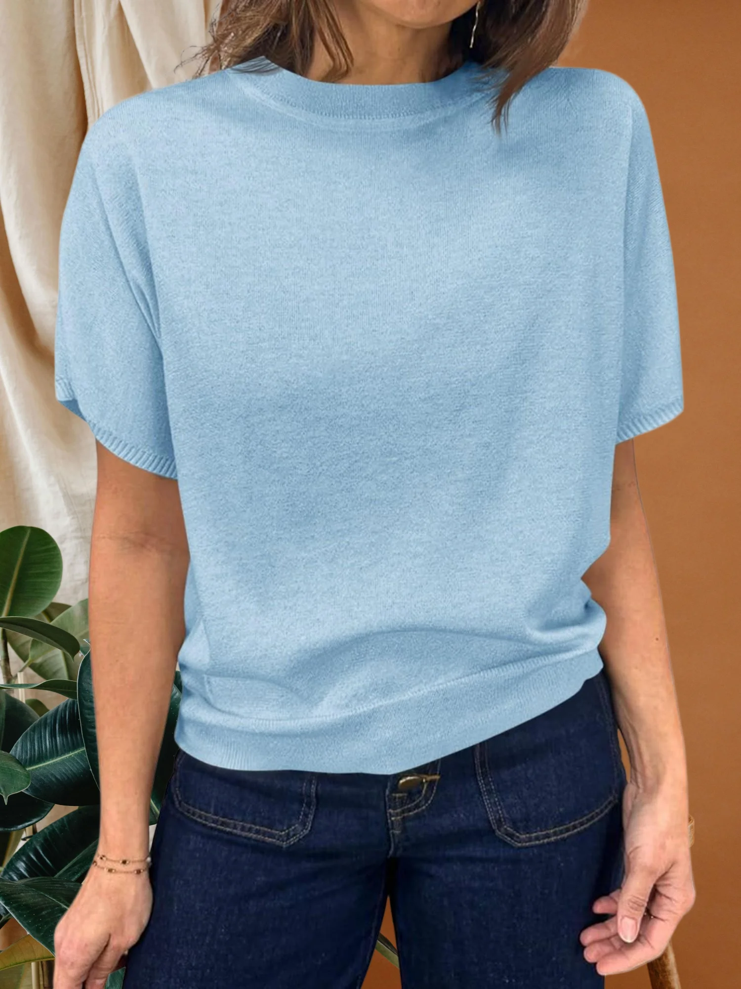 Damska podstawowa bluza z kapturem, z okrągłym dekoltem, jednolita, dzianinowa, letnia, lekka koszulka.