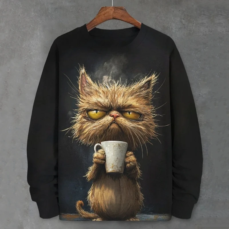 Sudadera divertida para hombre, camiseta de manga larga con estampado 3d de gato de dibujos animados abstractos, ropa para hombre, sudaderas de gran