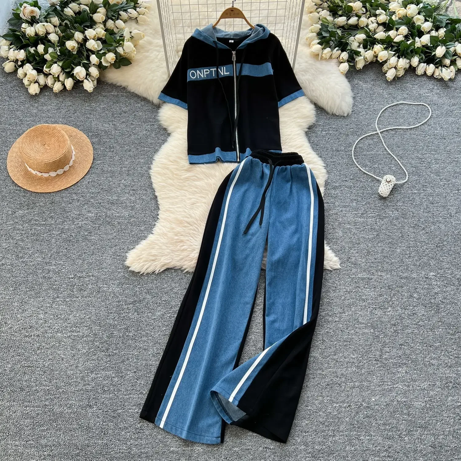 

Hong Kong-style Casual and Fashionable Two-piece Denim Patchwork Set, Women's Summer Loose Hooded Zipper Hoodie + Wide-leg Pants